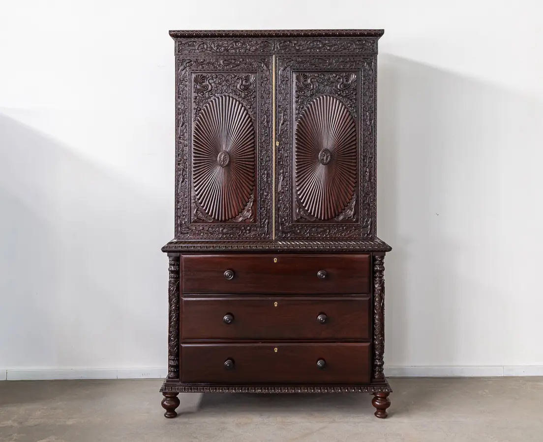 Rosewood Carved Sunburst Cupboard with Drawers