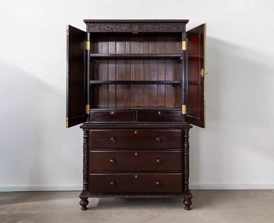 Rosewood Carved Sunburst Cupboard with Drawers