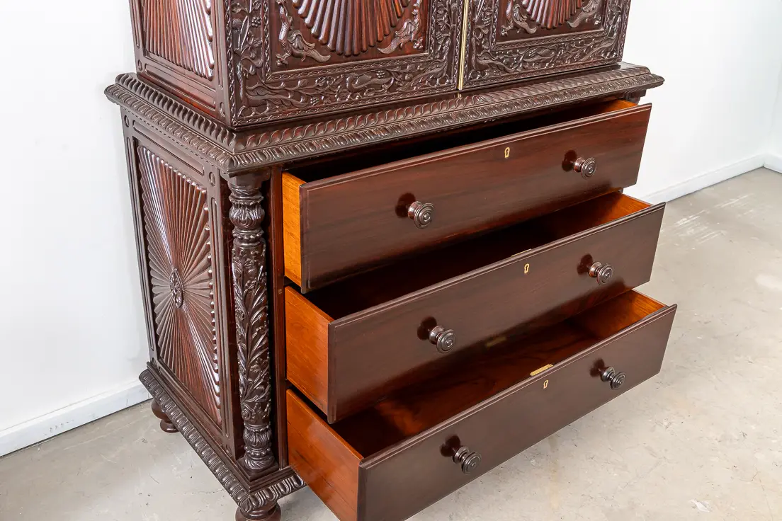 Rosewood Carved Sunburst Cupboard with Drawers