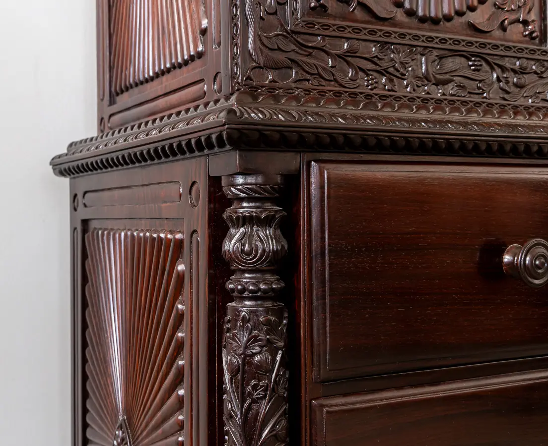 Rosewood Carved Sunburst Cupboard with Drawers