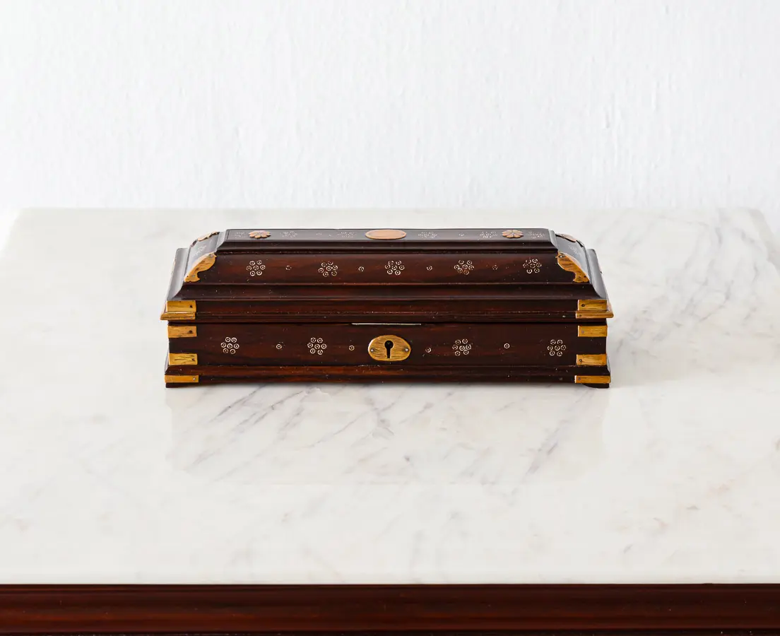 Antique Boxes - British Colonial Rosewood Pen Box with Silver Inlay - The Past Perfect Collection - Singapore