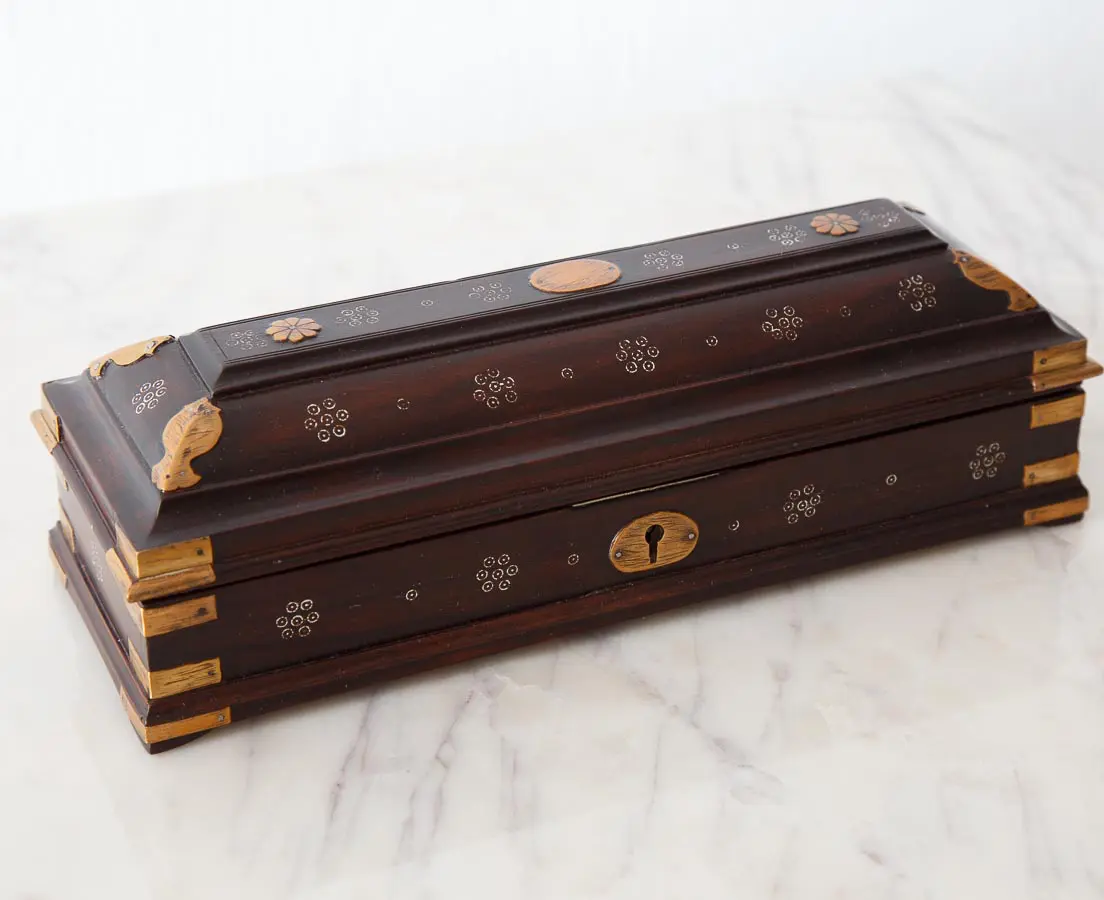 Antique Boxes - British Colonial Rosewood Pen Box with Silver Inlay - The Past Perfect Collection - Singapore