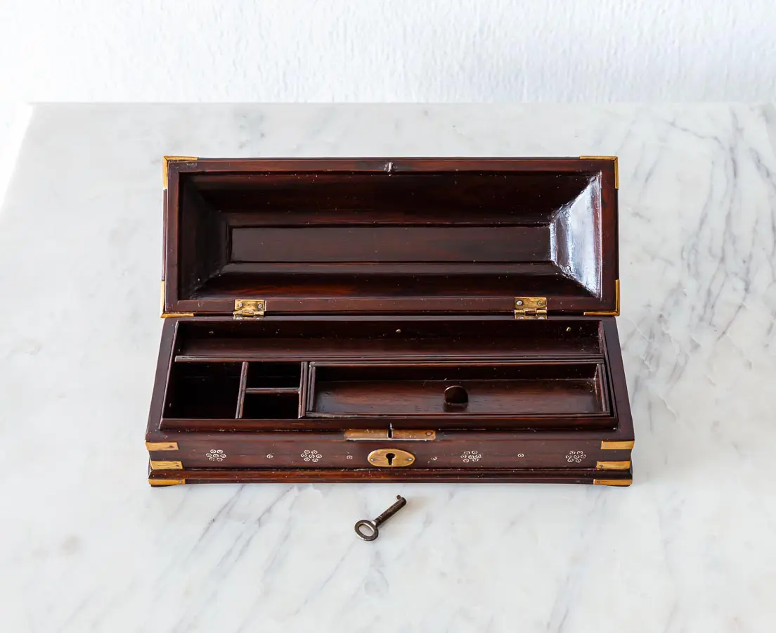 Antique Boxes - British Colonial Rosewood Pen Box with Silver Inlay - The Past Perfect Collection - Singapore