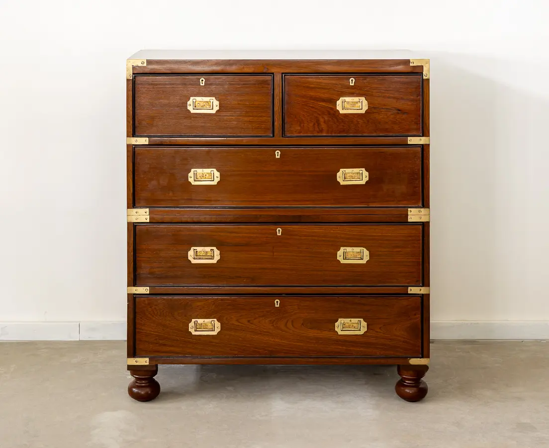 Teakwood and Rosewood Campaign Chest of Drawers