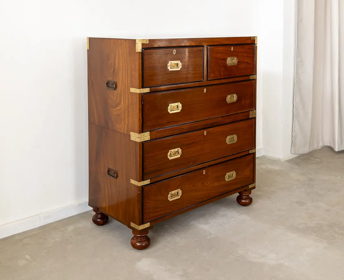 Teakwood and Rosewood Campaign Chest of Drawers