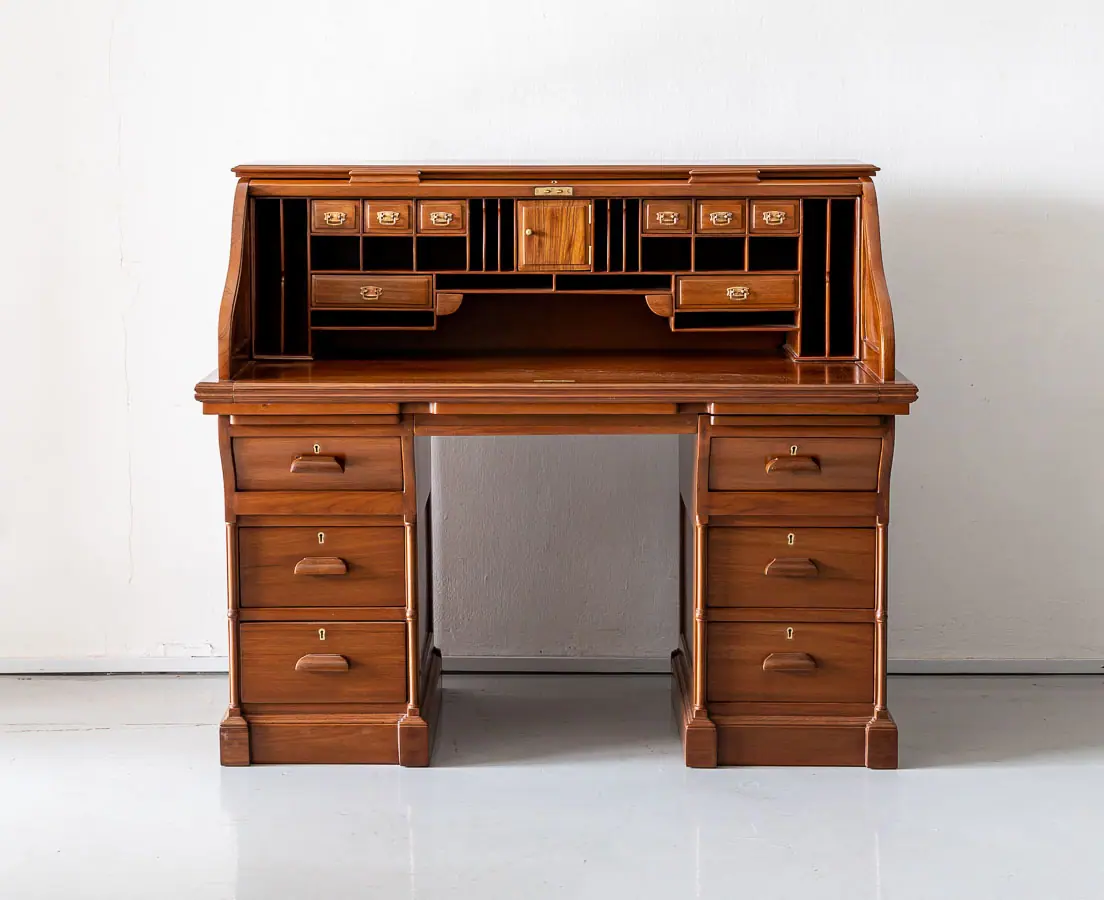 Antique Desks - British Colonial Teakwood Roll Top Desk - The Past Perfect Collection - Singapore