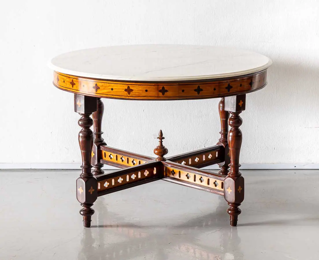 Antique Tables - Portuguese Colonial Rosewood & White Cedar Table with Marble Top - The Past Perfect Collection - Singapore