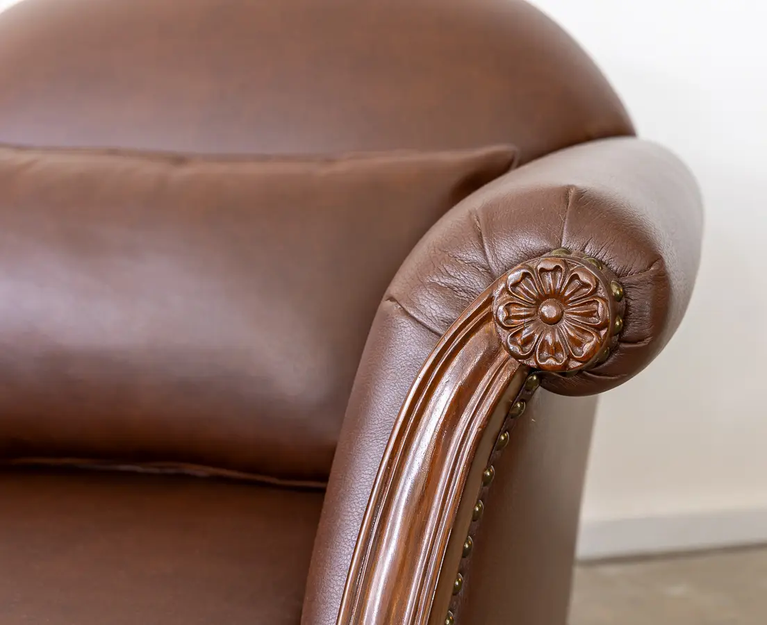 Teakwood Pair of Brown Leather Fabric club Chairs