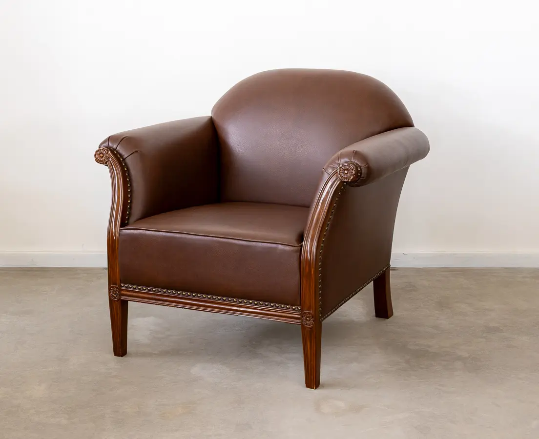 Teakwood Pair of Brown Leather Fabric club Chairs