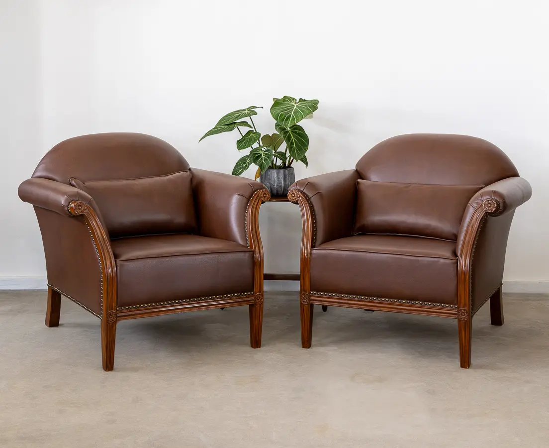 Teakwood Pair of Brown Leather Fabric club Chairs