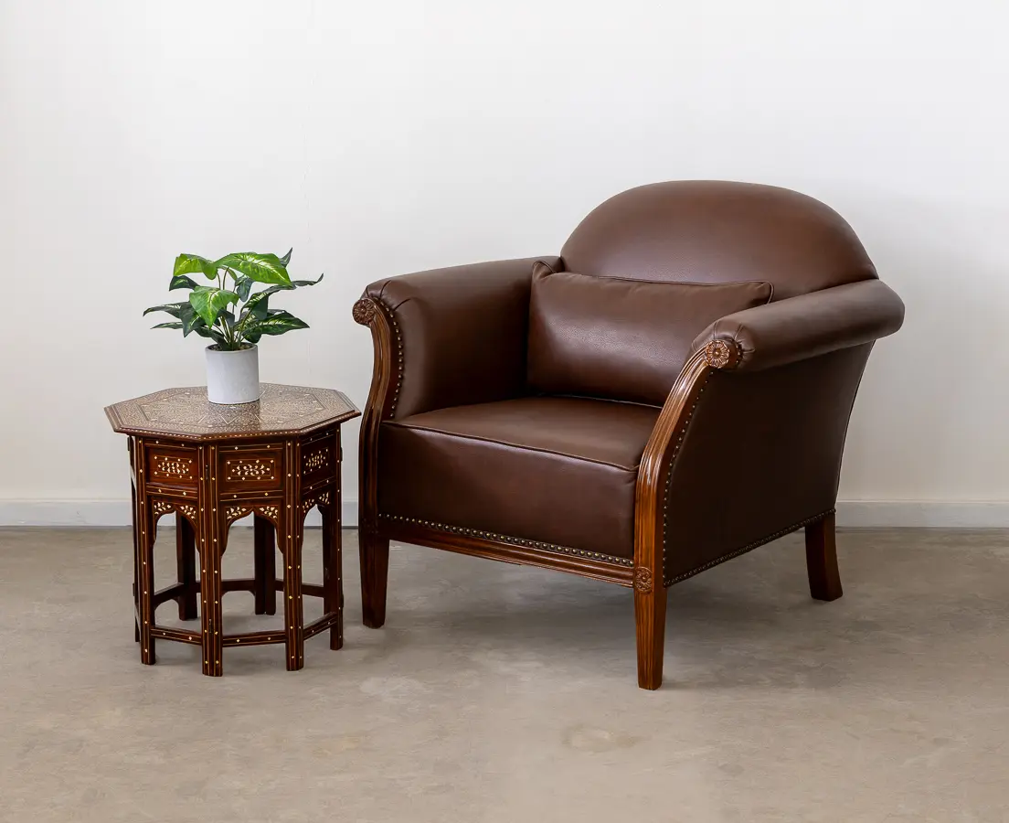 Teakwood Pair of Brown Leather Fabric club Chairs