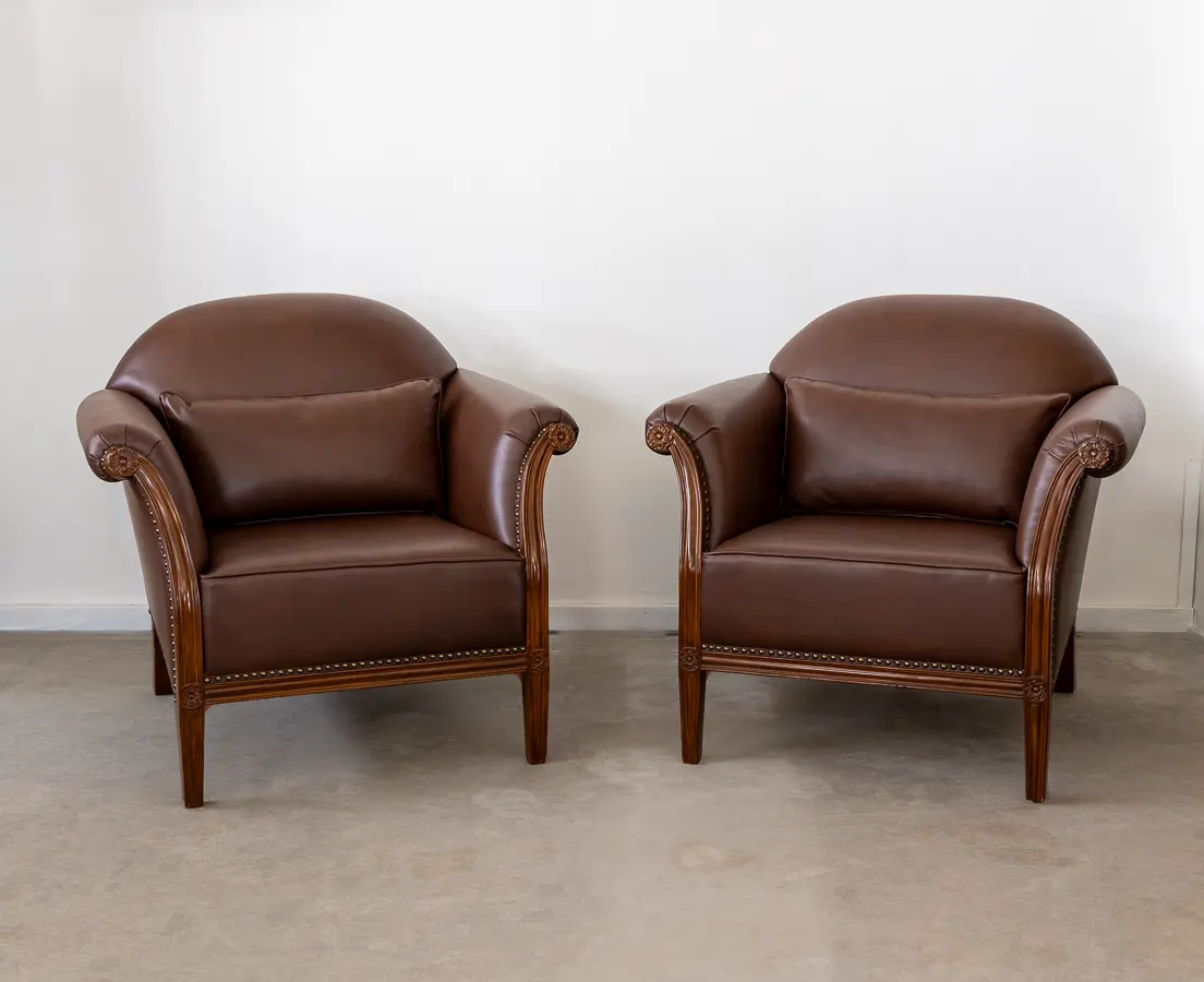 Teakwood Pair of Brown Leather Fabric club Chairs