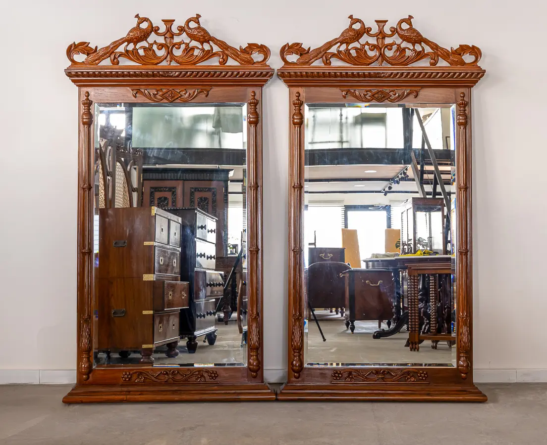 Teakwood (Pair) of matching mirrors with Peacocks