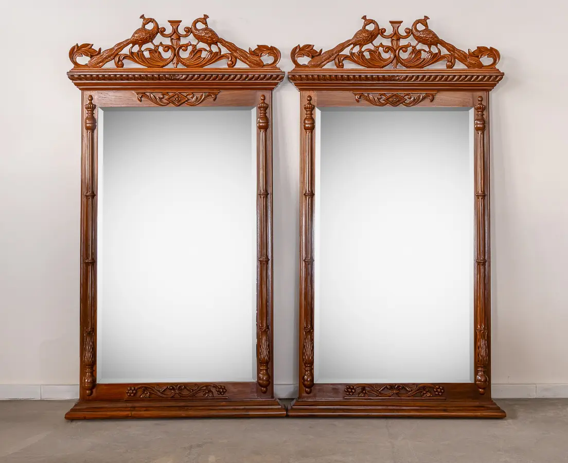 Teakwood (Pair) of Mirrors with Peacocks
