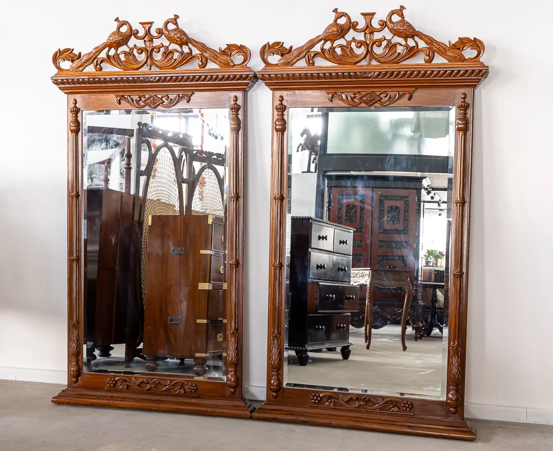 Teakwood (Pair) of matching mirrors with Peacocks
