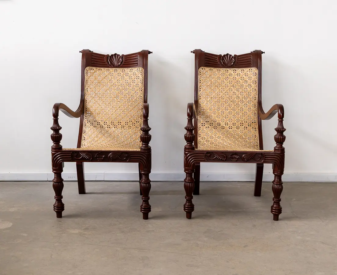 British Colonial Dark Spanish Mahogany Pair of Library Chairs