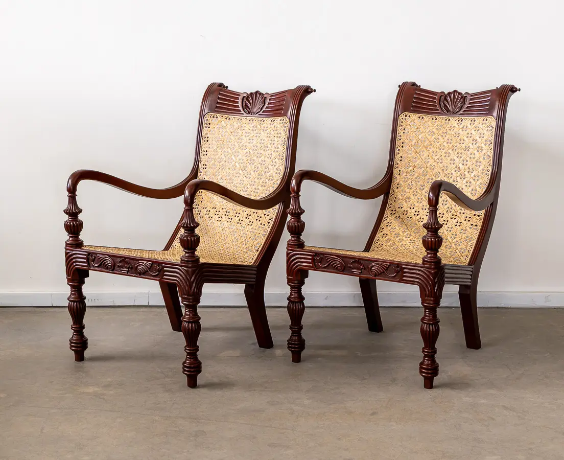 British Colonial Dark Spanish Mahogany Pair of Library Chairs