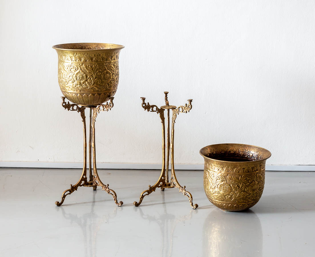 Pair of Embossed Brass Planters on Stand The Past Perfect Collection
