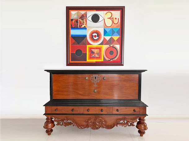 Antiques and Masters of Indian Art - Mahogany Chest and R.H. Raza Painting - The Past Perfect Collection - Singapore