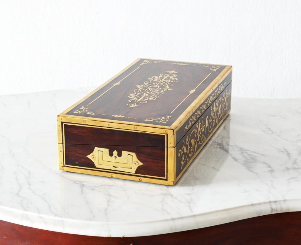 British Colonial Brass Inlaid Writing Box - The Past Perfect Collection