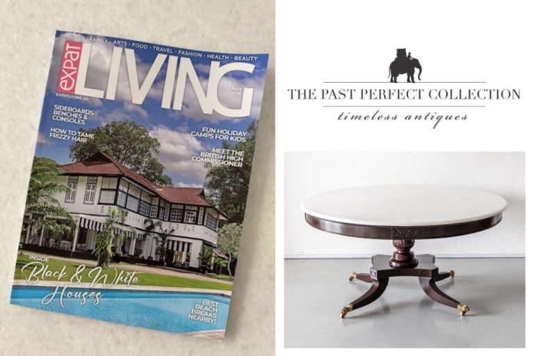 The Past Perfect Collection featured in Expat Living May 2026 - colonial antique marble-top centre table